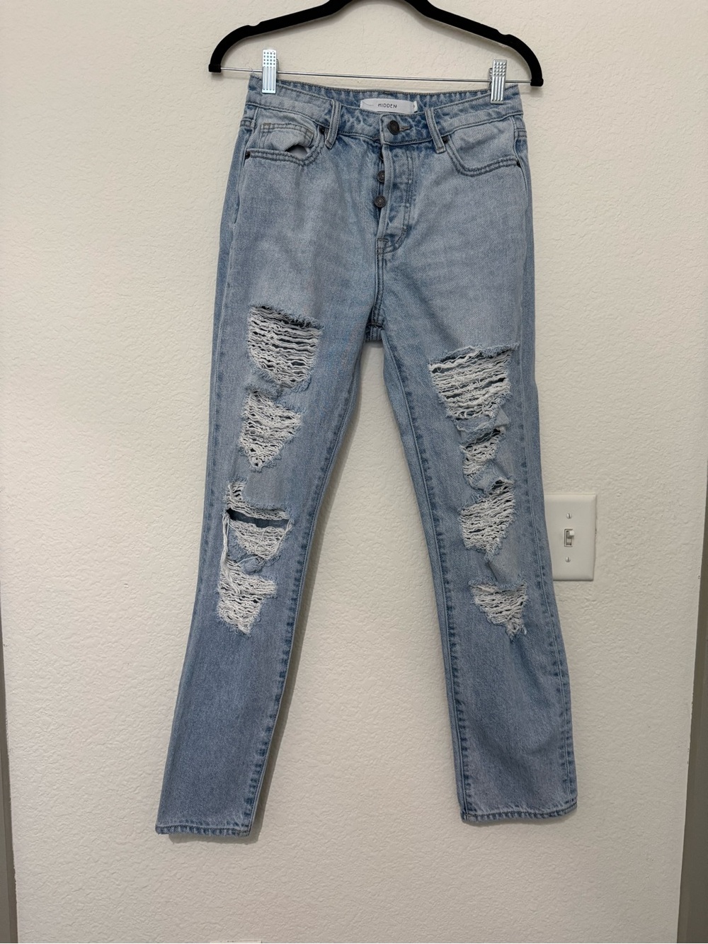Hidden Light Blue Distressed Straight-Leg Button Fly Jeans